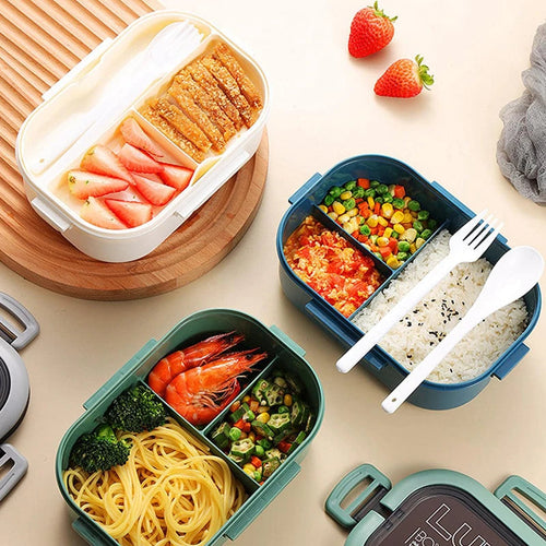 1200ML 2 Layer Bento Lunch Box With Spoon Fork, Kid High Capacity Microwae Food Containers Portable Leakproof Office Camping Quick Pick Grocers