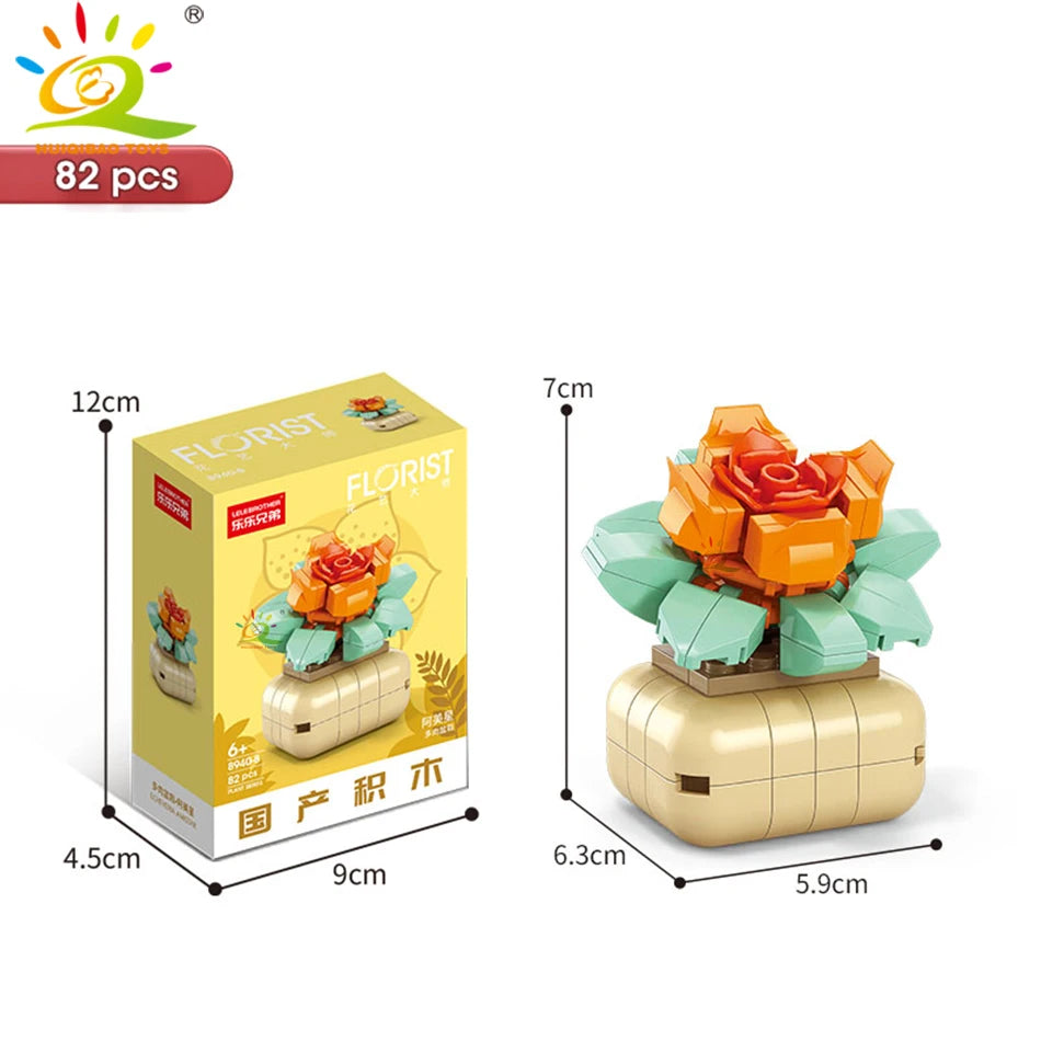 HUIQIBAO MOC Flower Succulent Potted Model Building Block DIY Eternal Bouquet Home Desk Plant Decor Brick Girl Gift Children Toy Quick Pick Grocers