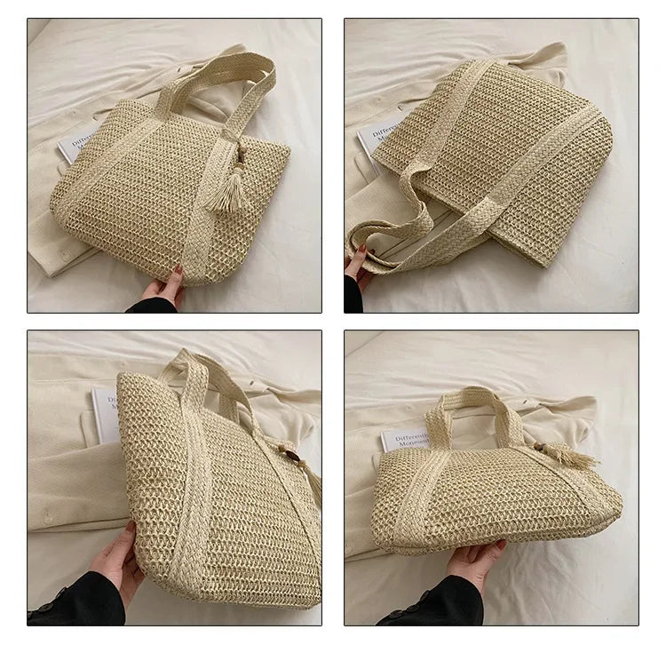 Elegant Ladies Straw Woven Handbag Women Holiday Beach Commute Casual Tote Top-Handle Bags Fashion Retro Shoulder Bags 2024 Quick Pick Grocers
