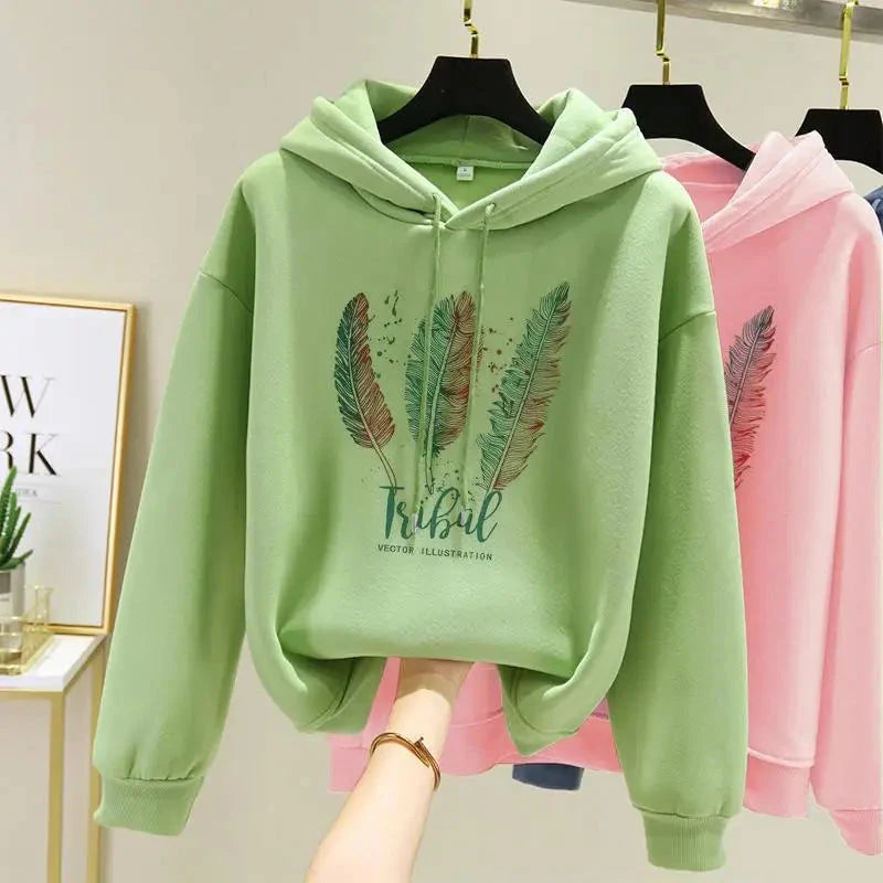 Women Fashion Feather Printed Hoodies Autumn Winter Plus Velvet Casual Loose Sweatshirt Econic Blanks