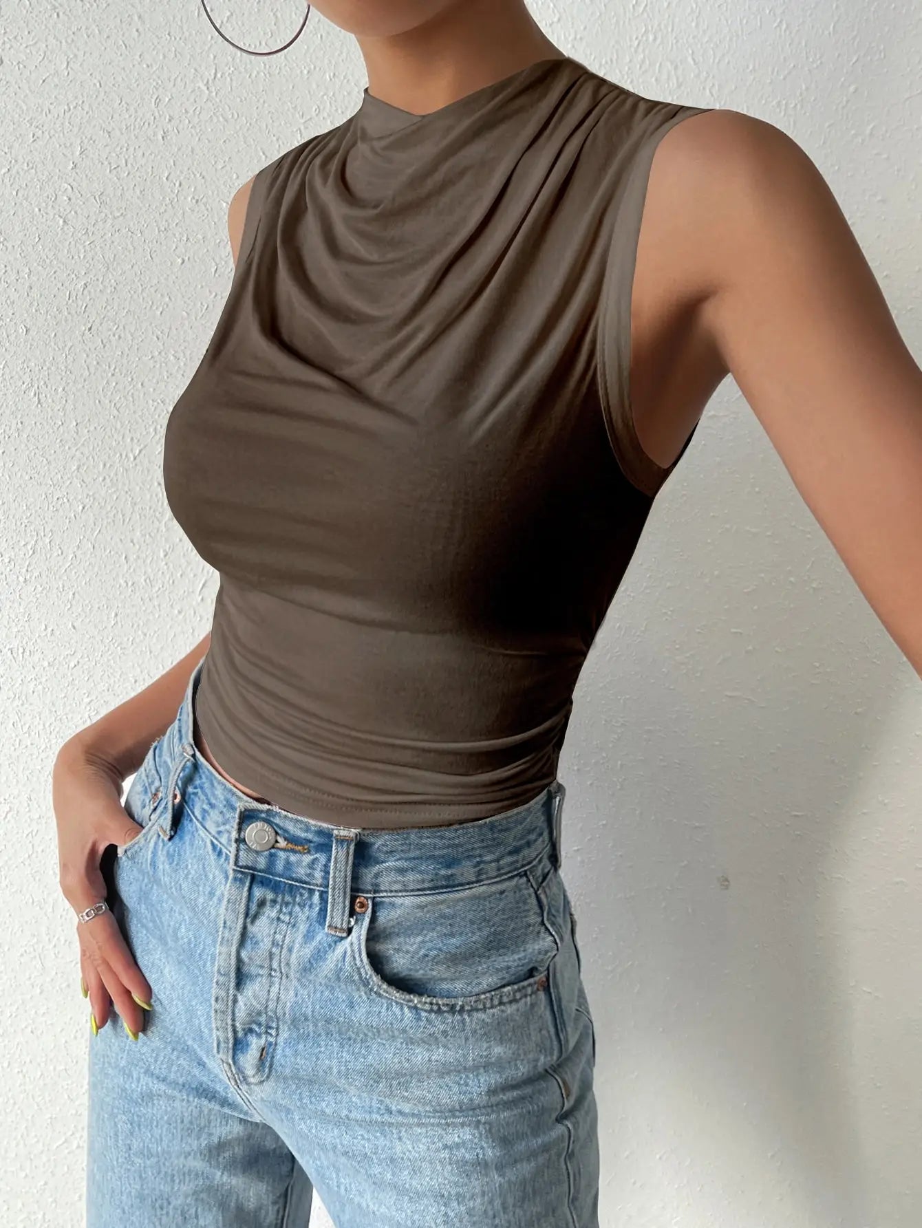 Women's Casual Pleated Design Top Summer Fashion Street Style Solid Color Slim Half High Neck Sleeveless T-Shirt Top Quick Pick Grocers