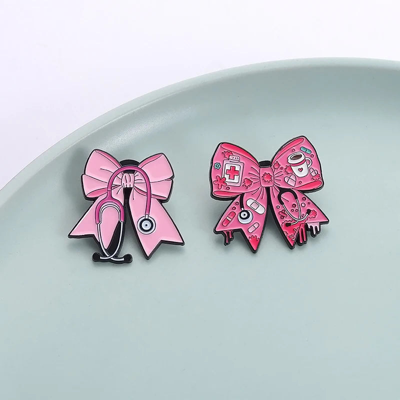 Pink Bowknot Medical Tools Stethoscope Enamel Pins Surgical Gloves Capsule Band Aid Brooches Clothes Lapel Badges Jewelry Gift Quick Pick Grocers