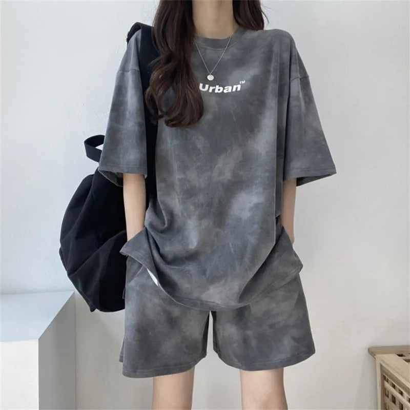 Women T-Shirt Shorts Suit Set Casual Tie Dye Loose tshirt and wide leg middle shorts with pockets female Soft Summer Shorts Sets Quick Pick Grocers