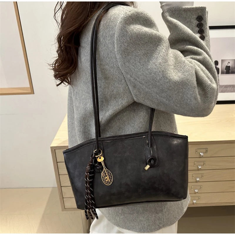 European American Retro Tote Bag, Korean Fashion Shoulder Bags Advanced Simple Handbag New Large Capacity Pendant Versatile Bags Quick Pick Grocers