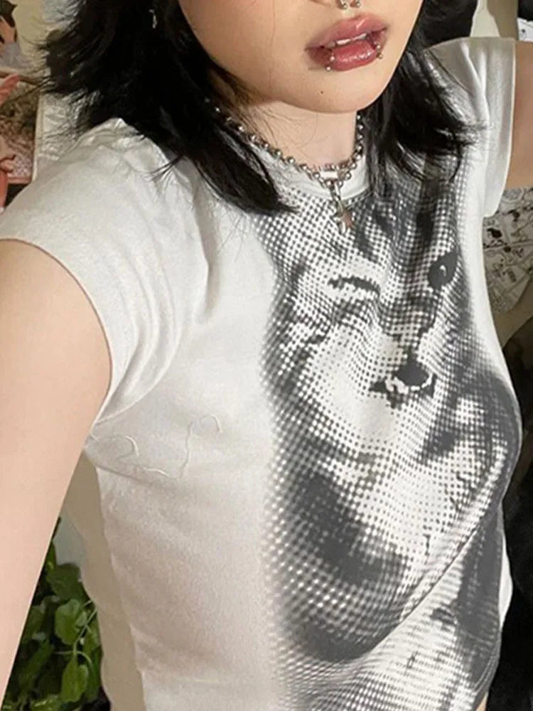 Harajuku Animal Print Crop Top Basic White Short Sleeve Crewneck T-shirt Women Casual Slim-fitting Tees Lady y2k Vintage Quick Pick Grocers
