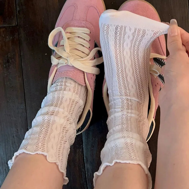 Japanese Kawaii Girls Cute Socks Spring Summer Mesh Hollow Out Women Socks Solid Color Female Harajuku Retro Vintage Long Socks Quick Pick Grocers
