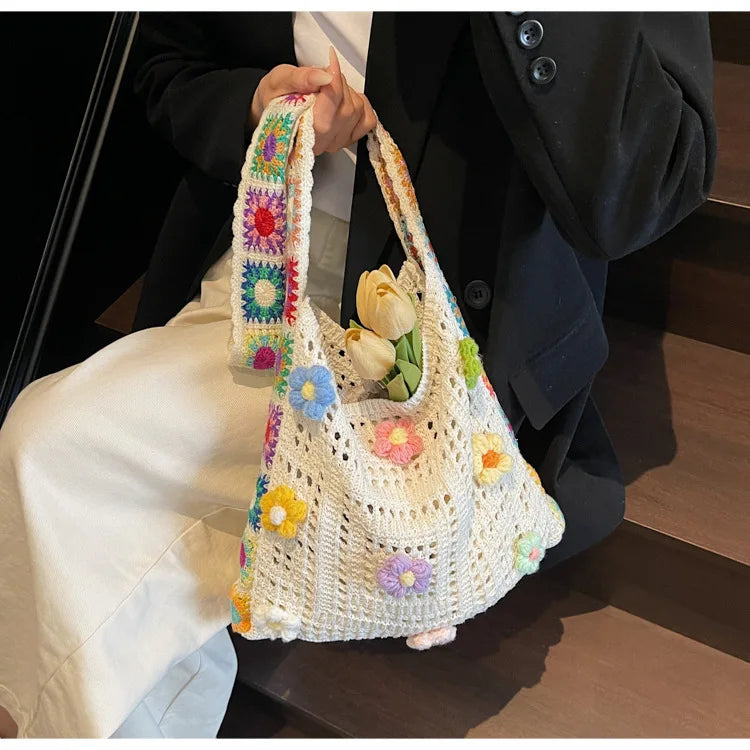 Women's Boho Crochet Bag Designer Flowers Knitted Handbags Large Capacity Summer Beach Woven Shoulder Bag Girls Tote Shopper Bag Quick Pick Grocers