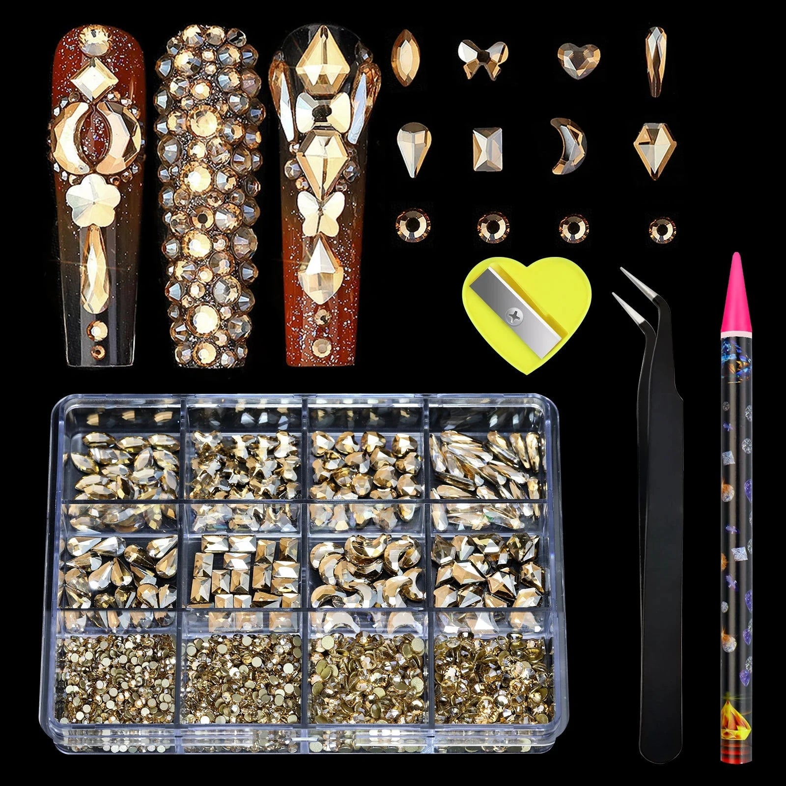 12 Grid Diamond Jewelry Set for Nail Art Decorations Nail Ab Flat Bottom Drill Nail Art Luxe Nail Shaped Diamond Illusion Color Econic Blanks