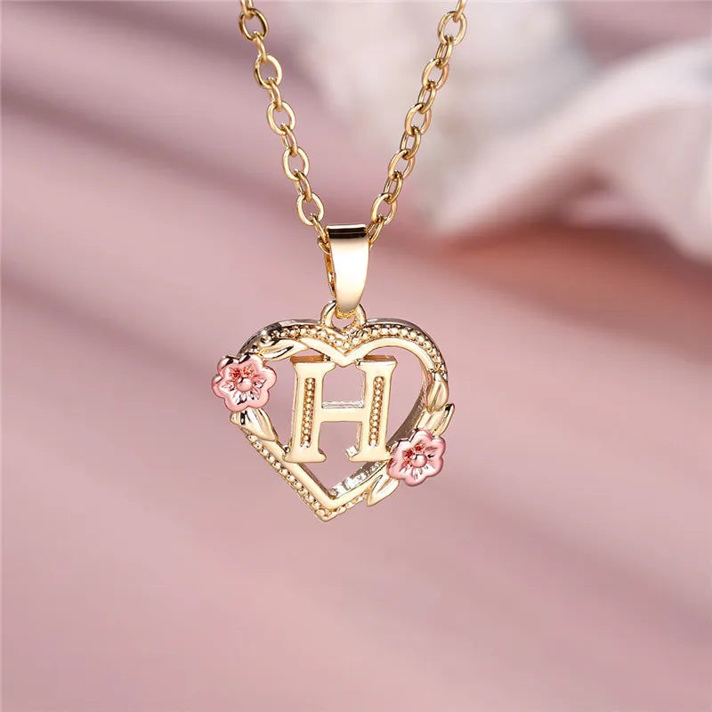 Female A-Z Letter Flower Pendant Necklace Yellow Gold Color Wedding Jewelry Gift For Women Quick Pick Grocers