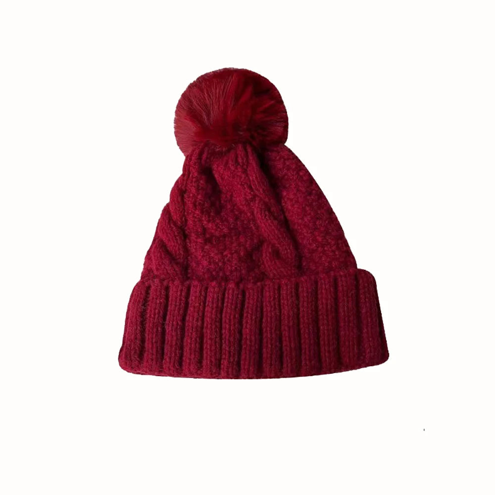 New Winter Twist Knitting Hat For Women Fur Pompom Thick Plush Cap Beanie Solid Color Ladies Warm Ski Snow Skullies Beanies Purest Peak