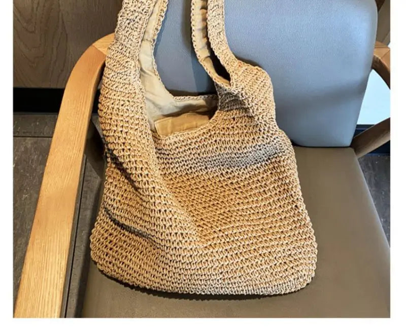 French Style Large Capacity Woven Straw Woven Bag for Women New Beach Vacation Shoulder Bag Casual Commuting Tote Bag Purse Quick Pick Grocers