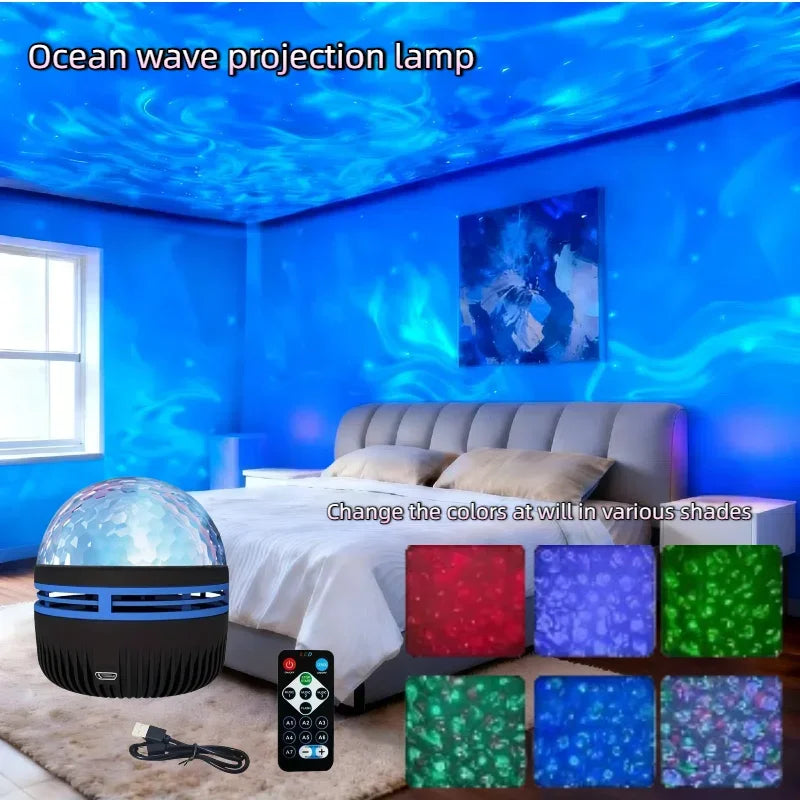 LED Ocean Wave Starry Sky Projector Lamp 1pc 7 Colors Remote Control USB Powered for Kids Room Bedroom Party Ambient Light Quick Pick Grocers