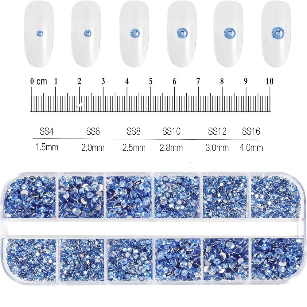12Grids SS6-SS30 Mixed Nail Rhinestones Shiny Clear/Gold/Pink/Blue Diamond Flat-back Nail Gems Glass Stones Nails Decoration Econic Blanks