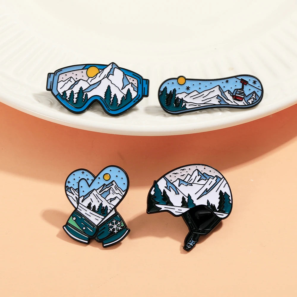 Sports Snow Mountain Pattern Ski Theme Enamel Brooches Skateboard Gloves Helmet Goggles Shaped Pins Winter Badge Jewelry Quick Pick Grocers