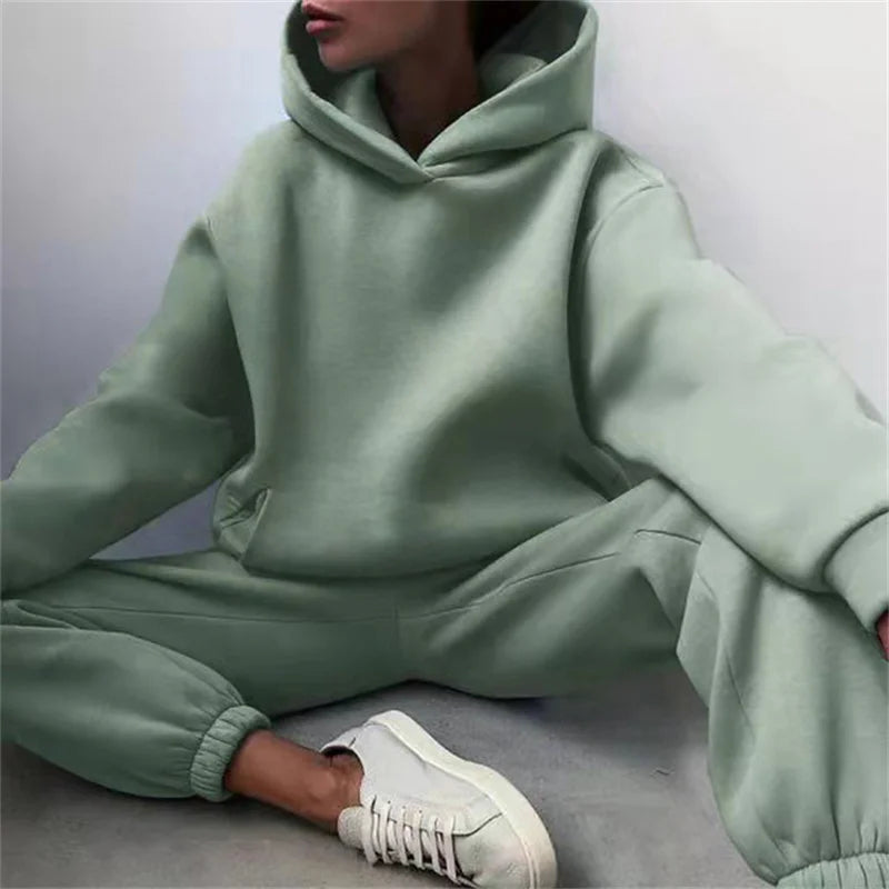 Women's Tracksuit Suit Autumn Fashion Warm Hoodie Sweatshirts Two Pieces Oversized Solid Casual Hoody Pullovers Long Pant Sets Quick Pick Grocers