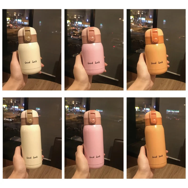 200/350ml Cute Mini Thermos Cup Stainless Steel Thermal Coffee Mug Portable Vacuum Flask Insulated Water Bottle with Button Lid Quick Pick Grocers