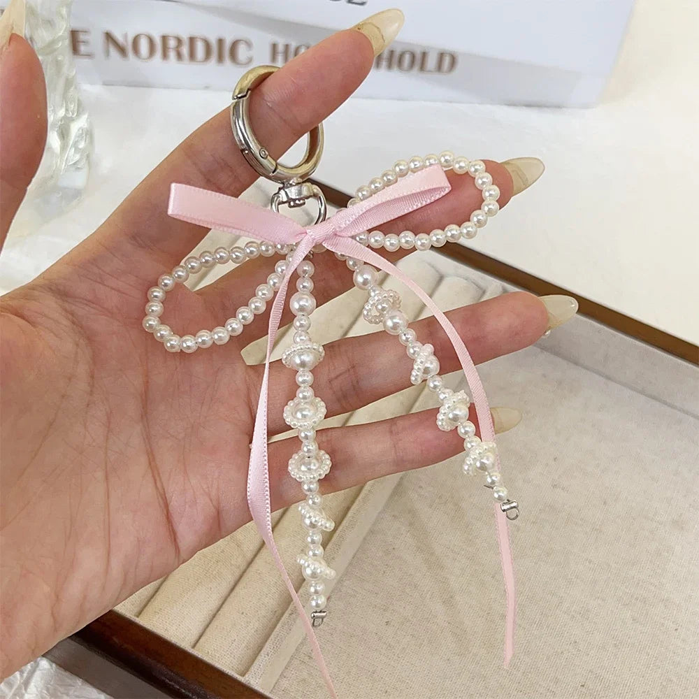 2026 New Korean Fashion Sweet Pearl Bow Keychain Heart Pendant Keyring Y2K Ins Aesthetic Holder for Girl Bag Pendant Accessories Quick Pick Grocers