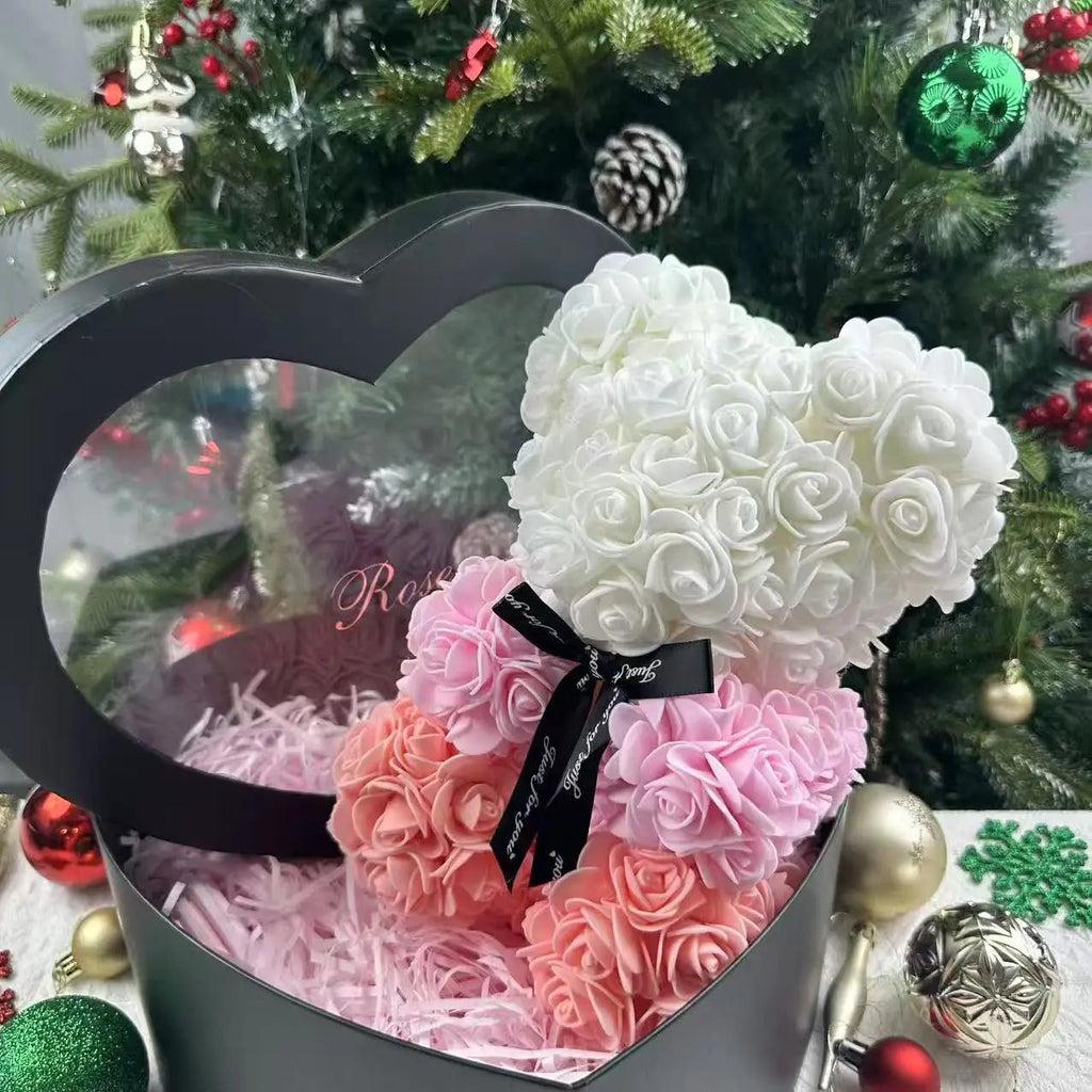 25cm Artificial Teddy Rose Flower Bear with Box Romantic Valentines Day Gift Girlfriend Women Anniversary Wedding Party Supplies Quick Pick Grocers