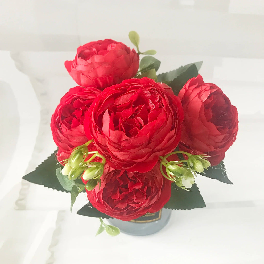 30cm Rose Pink Silk Peony Artificial Flowers Bouquet 5 Big Head and 4 Bud Cheap Fake Flowers for Home Wedding Decoration indoor Quick Pick Grocers