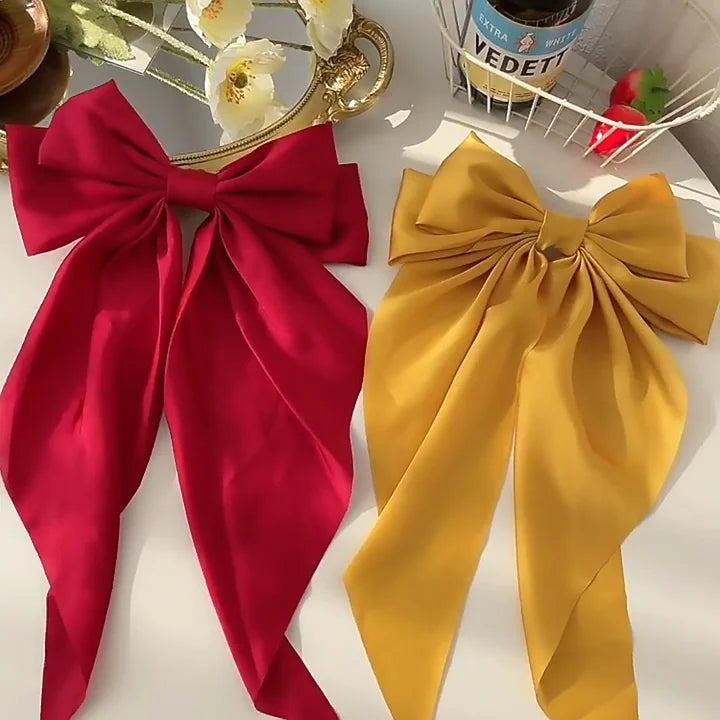 Korean Accessories Hair Clips for Women Girls Big Bowknot Solid Satin Long Ribbon Bows Spring Clamp Barette Cheveux Femme 2023 Quick Pick Grocers