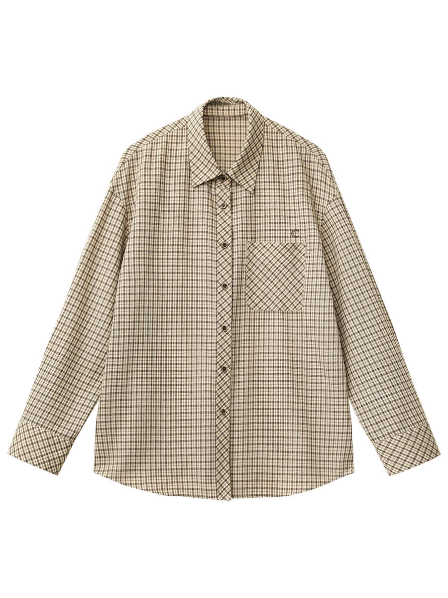 CHIC VEN Women Shirt Loose Casual Single-breasted New Retro Contrast Plaid Embroidered Blouses Female Top Autumn Winter 2025 Quick Pick Grocers