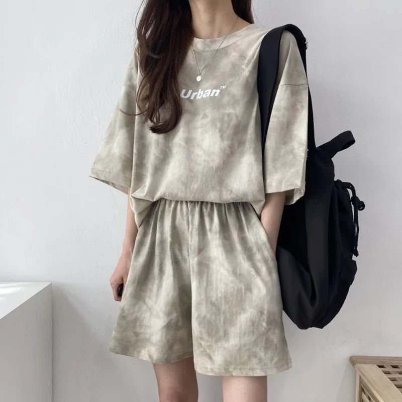 Women T-Shirt Shorts Suit Set Casual Tie Dye Loose tshirt and wide leg middle shorts with pockets female Soft Summer Shorts Sets Quick Pick Grocers