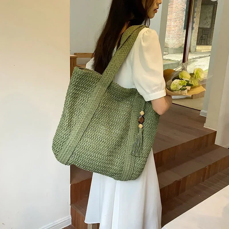 Elegant Ladies Straw Woven Handbag Women Holiday Beach Commute Casual Tote Top-Handle Bags Fashion Retro Shoulder Bags 2024 Quick Pick Grocers