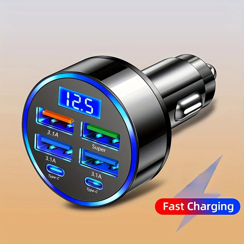 6-in-1 Fast Charging Car Adapter 3.1A Dual Type-C Digital Display Smartphones Tablets Power Banks Black Portable Charger Quick Pick Grocers