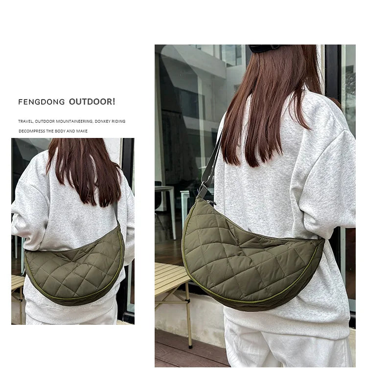 Waist Half Moon Belt Bag Solid Color Crossbody Bag Large Capacity Shoulder Bags Portable Nylon Plaid Travel Bags for Commuting Quick Pick Grocers
