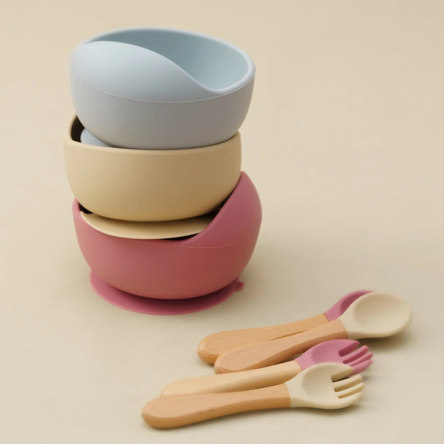 Mamaplan 3PCS Baby Silicone Feeding Set Toddler Suction Bowl Feeding Training Spoon Fork Baby Dishes Plate Baby Accessories Purest Peak