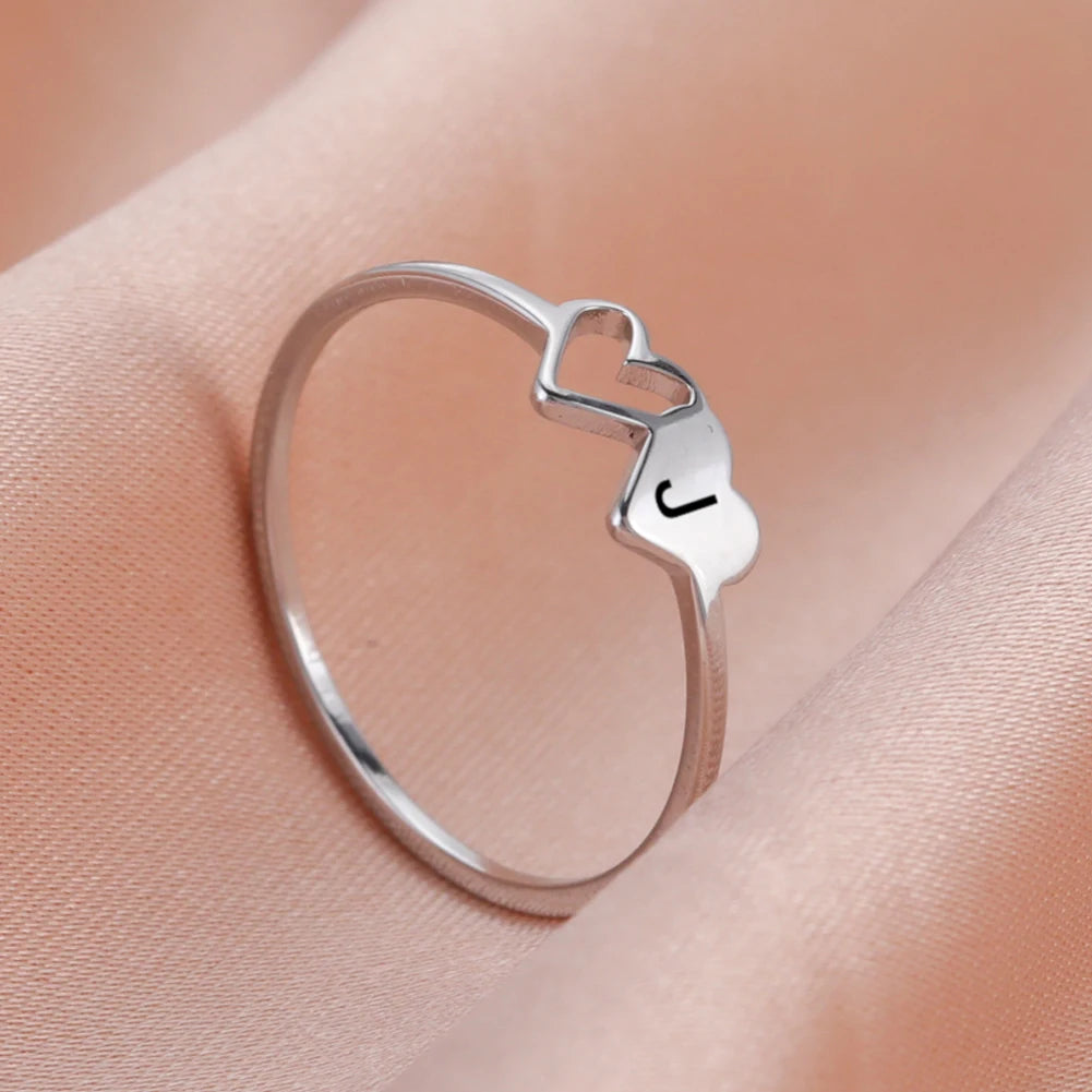 COOLTIME Initial Letter Ring for Women Stainless Steel A-Z Alphabet Double Heart Rings Simple Wedding Cheap Gift For Lover Quick Pick Grocers