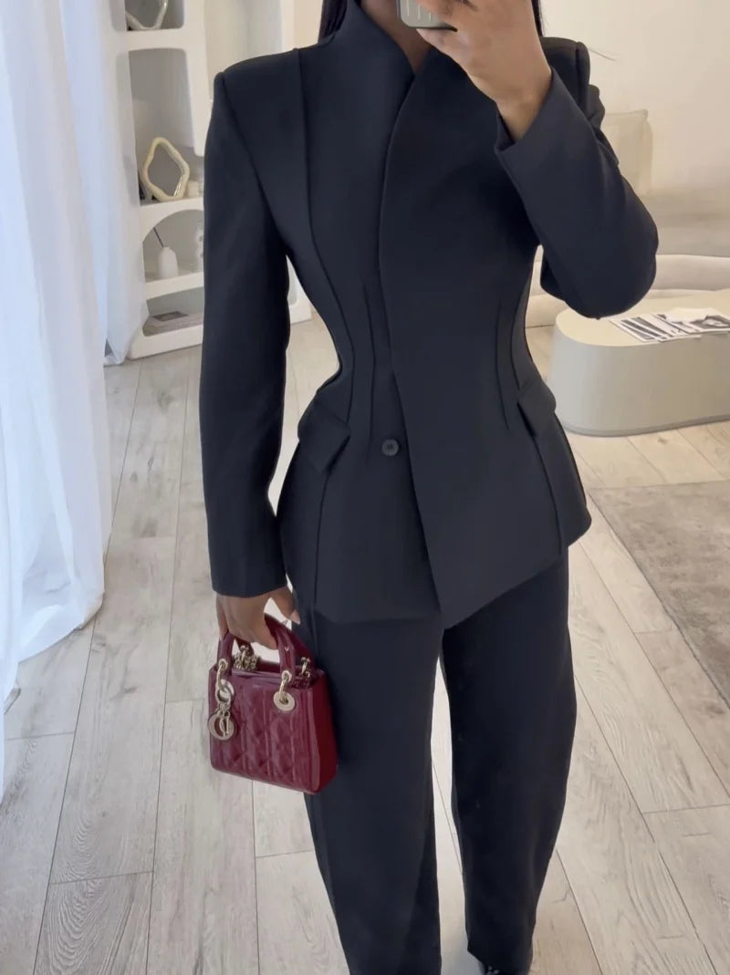 ETJ 2025 women's new fashion design three-dimensional cut high collar slim suit jacket & matching casual trousers Quick Pick Grocers
