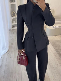 ETJ 2025 women's new fashion design three-dimensional cut high collar slim suit jacket & matching casual trousers Quick Pick Grocers