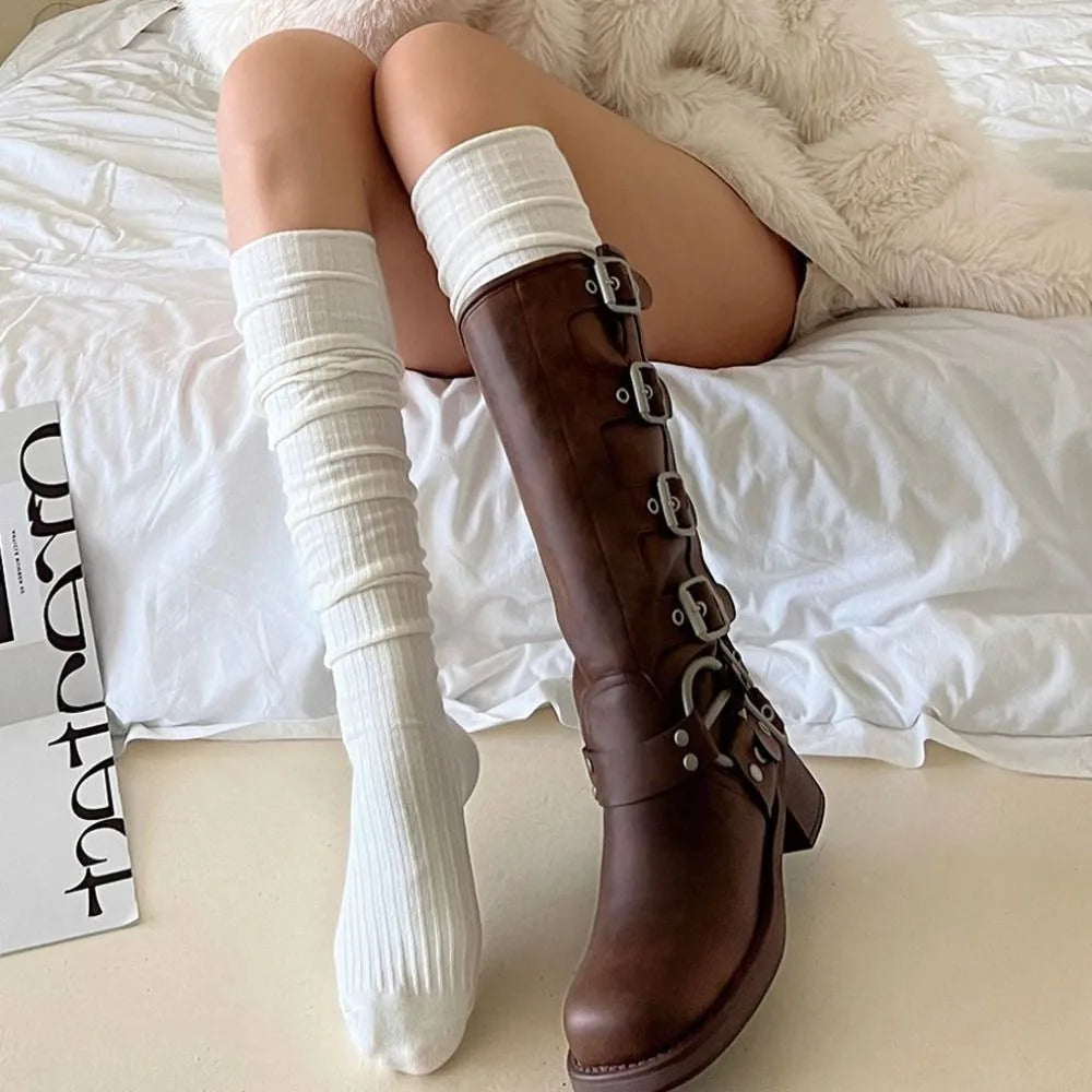 Fashion Pure Cotton Knee-high Socks Solid Color Keep Warm Long Tight Socks Boot Socks Fall Winter Quick Pick Grocers