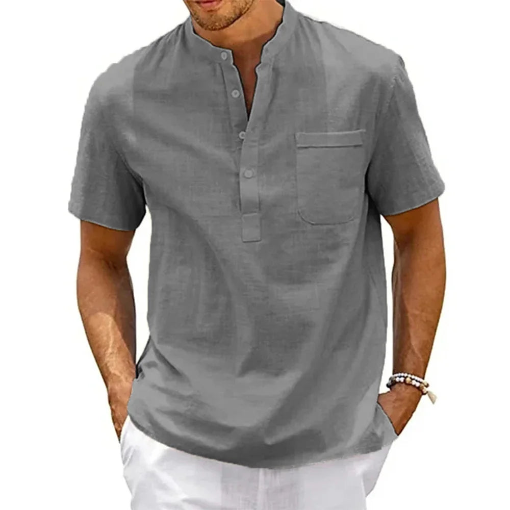 Cotton Linen Shirt Men Henley Neck Pocket Casual Beach Short Sleeve Solid Color Male Tops T-shirts Vintage Streetwear Quick Pick Grocers