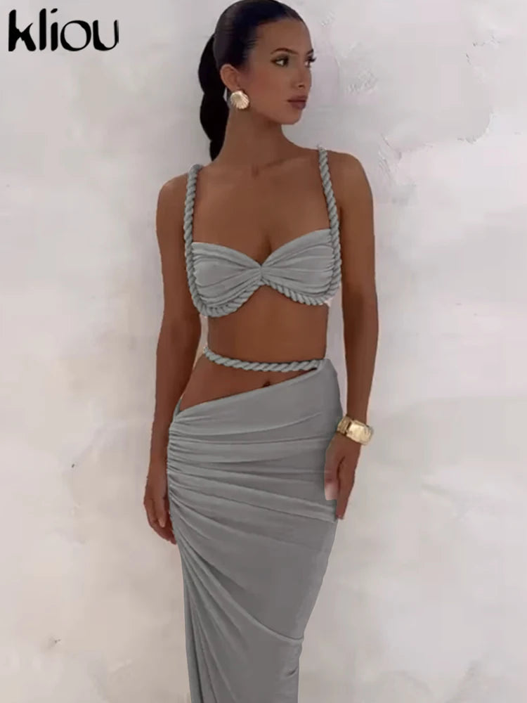 kliou Woven Sexy Women 2 Piece Set Stunning Hot Solid Pleated Crop Camisoles+High Waist Maxi Skirts Female Trend Vacation Outfit Quick Pick Grocers