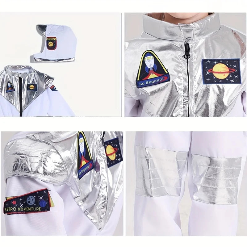 Boy's Cartoon Astronaut Cosplay Costume, Halloween Dress Up One-piece Jumpsuit & Hat, Kid's Dress Up Outfit For Carnival Party Quick Pick Grocers
