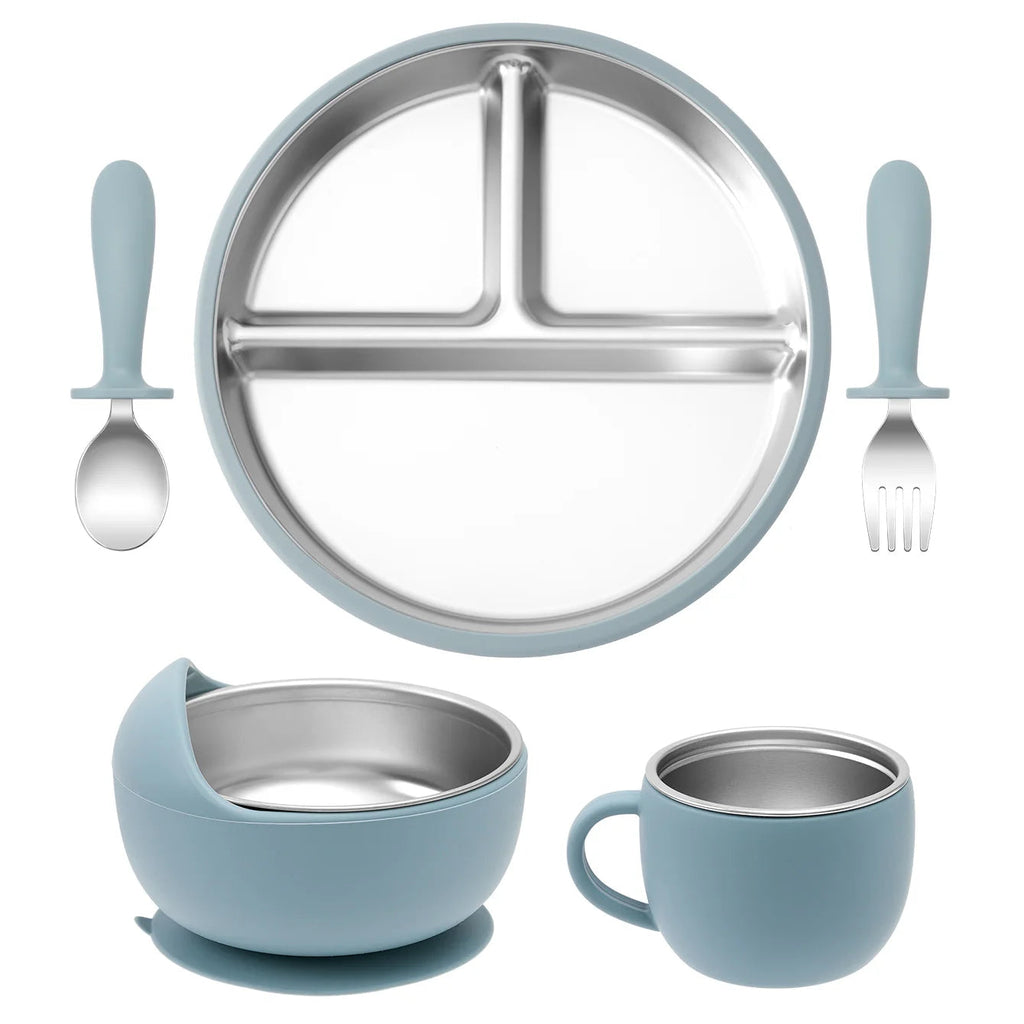 5PCS Stainless Steel Dishes Plate Baby Feeding Set With Detachable Silicone Sucker Bowl BPA Free Infant Fork Spoon Cup Gifts Purest Peak