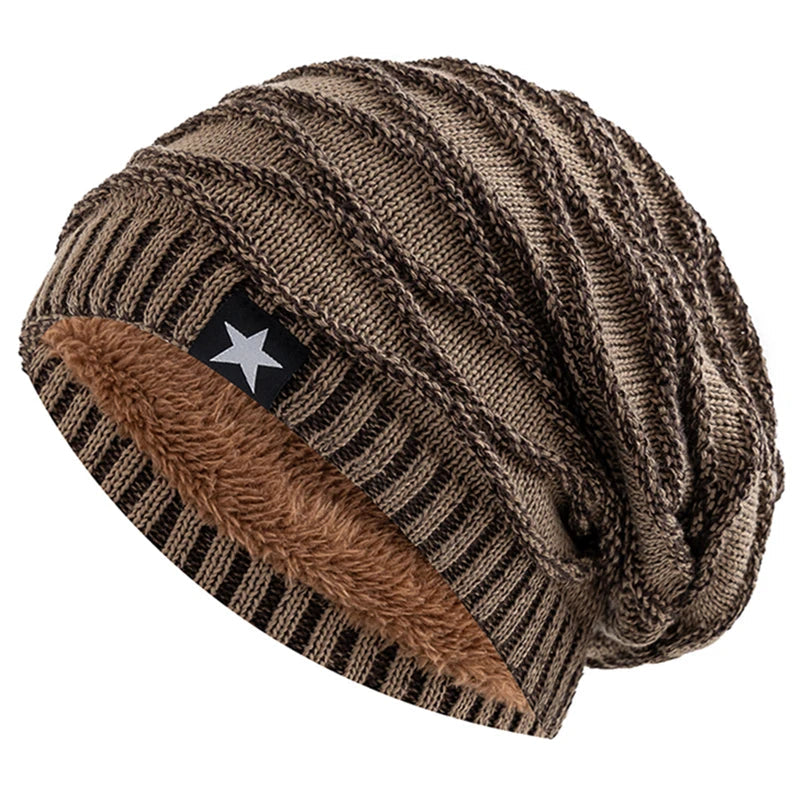New Unisex Slouchy Winter Hats Add Fur Lined Men And Women Warm Beanie Cap Casual Five-pointed Star Decor Winter Knitted Hats Purest Peak