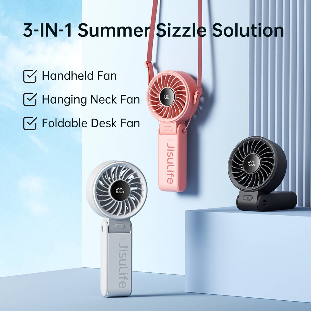 JISULIFE Portable Handheld Fan with LED Display,5 Speeds,5000mAh,150°Folded,3-IN-1 Hand/Desk/Neck Multifunction Personal Fan Quick Pick Grocers