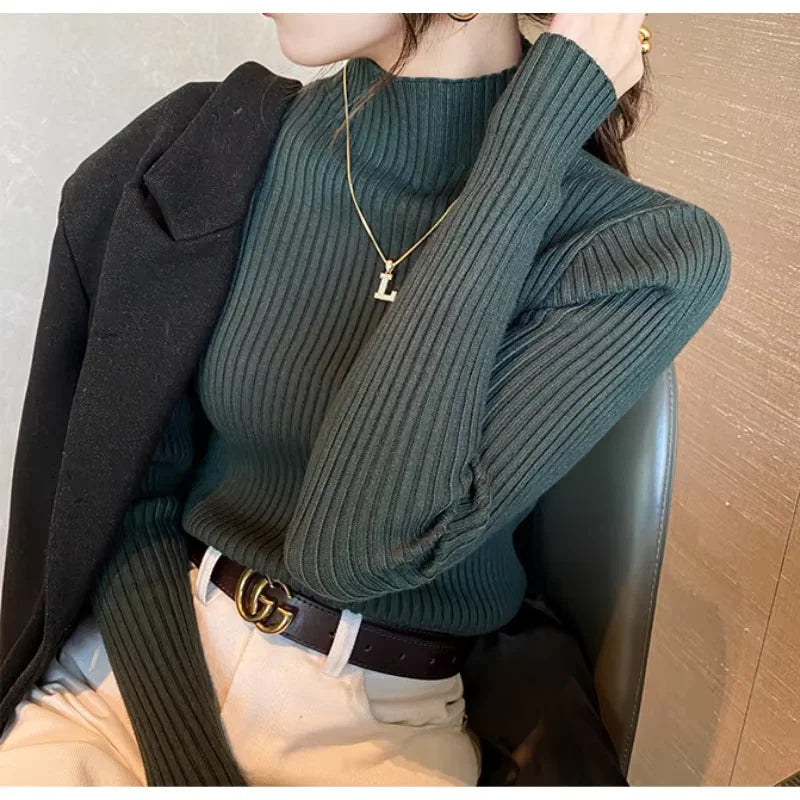 New Women's Elegant Solid Basic Knitted Tops Women Turtlneck Sweater Long Sleeve Casual Slim Pullover Fashion Simple Chic Tops Quick Pick Grocers