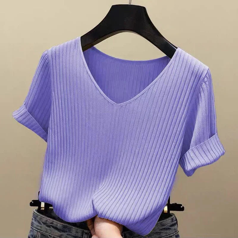 AOSSVIAO 2026 Basic V-neck Solid Thin Summer Women Pullover Female Thin Knitted Ribbed Sweater Slim Short Sleeve Bodycon Sweater Quick Pick Grocers