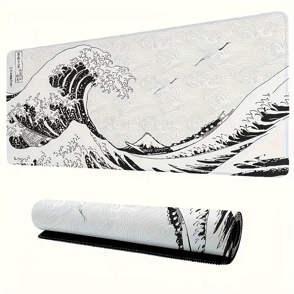 Black White Wave Art XXL Desk Mat | Soft Aesthetic Rubber Base Gaming Mouse Pad for PC Laptop Office Setup Quick Pick Grocers