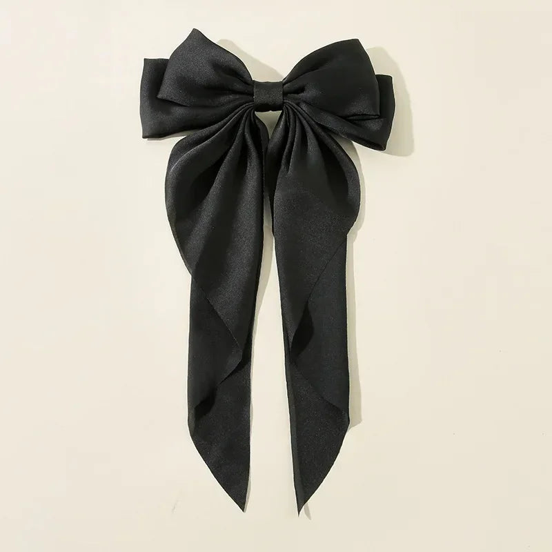 Korean Accessories Hair Clips for Women Girls Big Bowknot Solid Satin Long Ribbon Bows Spring Clamp Barette Cheveux Femme 2023 Quick Pick Grocers