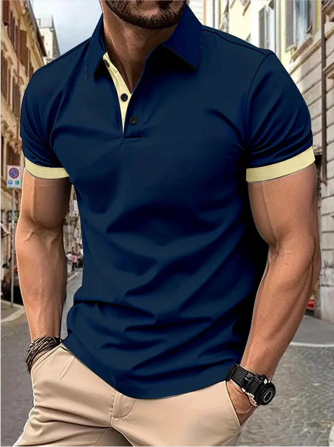 Men's short sleeve color matching fashion with men's lapel short sleeve Quick Pick Grocers
