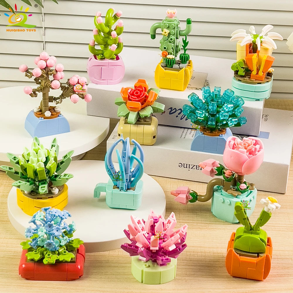 HUIQIBAO MOC Flower Succulent Potted Model Building Block DIY Eternal Bouquet Home Desk Plant Decor Brick Girl Gift Children Toy Quick Pick Grocers