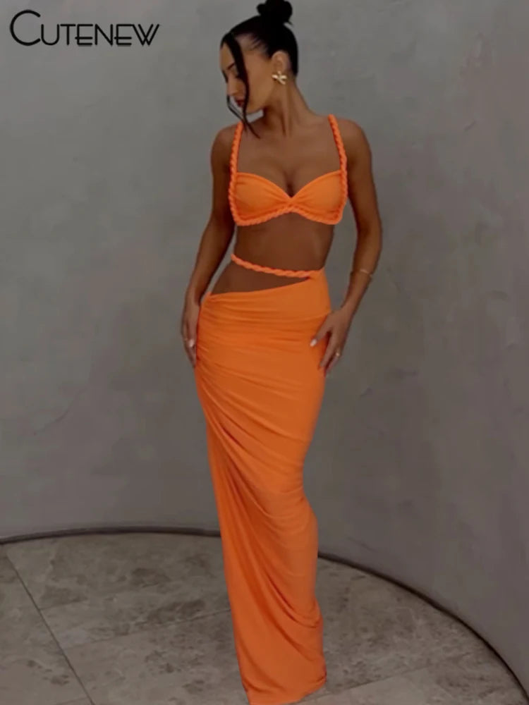 Cutenew Woven Matching Women 2 Piece Sexy Vacation Outfits Pleated Crop Camis+Shirring High Waist Maxi Skirts Solid Mujer Sets Quick Pick Grocers