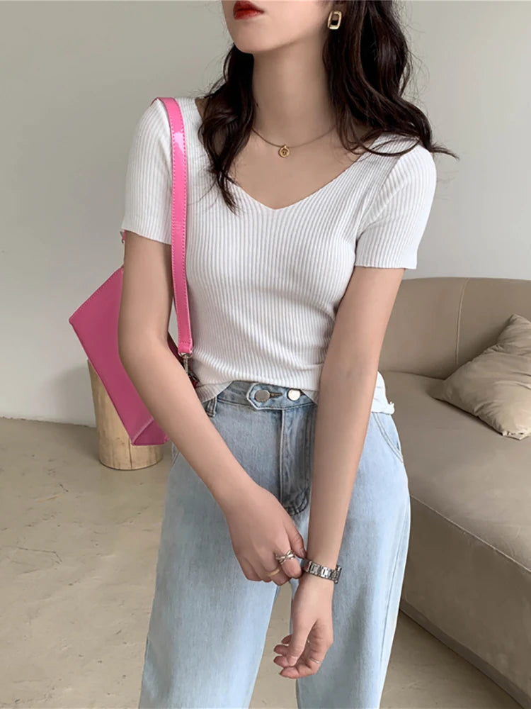 AOSSVIAO 2026 Basic V-neck Solid Thin Summer Pullover Women Female Knitted Ribbed Sweater Slim Short Sleeve Bodycon Sweater Quick Pick Grocers