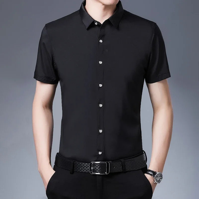 Men's Business Casual Solid Color Short Sleeved Shirt Non Ironing Comfortable Top Quick Pick Grocers