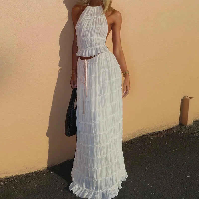 Women Boho Sexy Backless Matching Suit 2 Piece Beach Holiday Outfits Vintage Ruched Halter Cami Tops + Maxi Long Skirt Party Quick Pick Grocers
